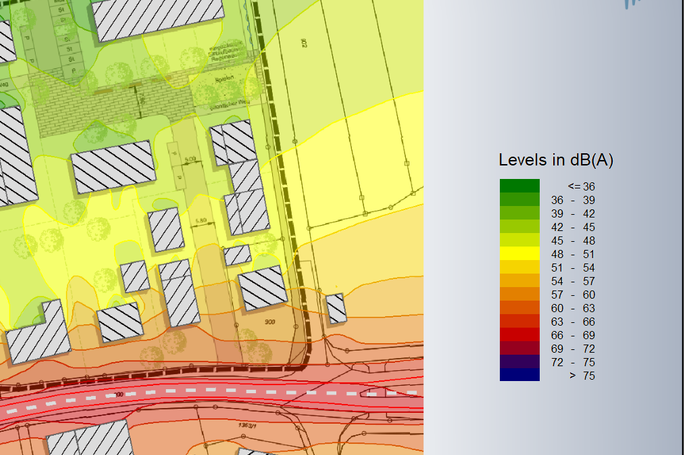 Topografische Karte mit Höhenlinien und Farbschema zur Darstellung von Pegeln in Soundplan