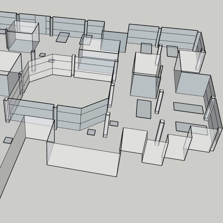 3D-Modell eines Mehrpersonenbüros mit Wänden, Tischen und verschiedenen Räumen.
