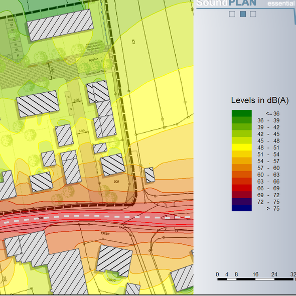 Soundplan Lärmkartenanalyse mit dB-Angaben für Schallimmissionsprognose in Bauvorhaben Wohngebäude